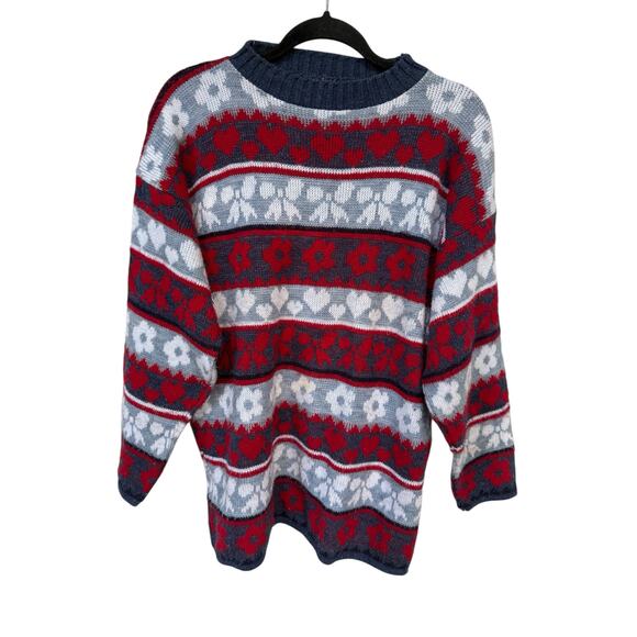 Vintage Huntington Ridge Large Acrylic Crew Sweater Hearts Bows Flowers Red Blue - Picture 2 of 7